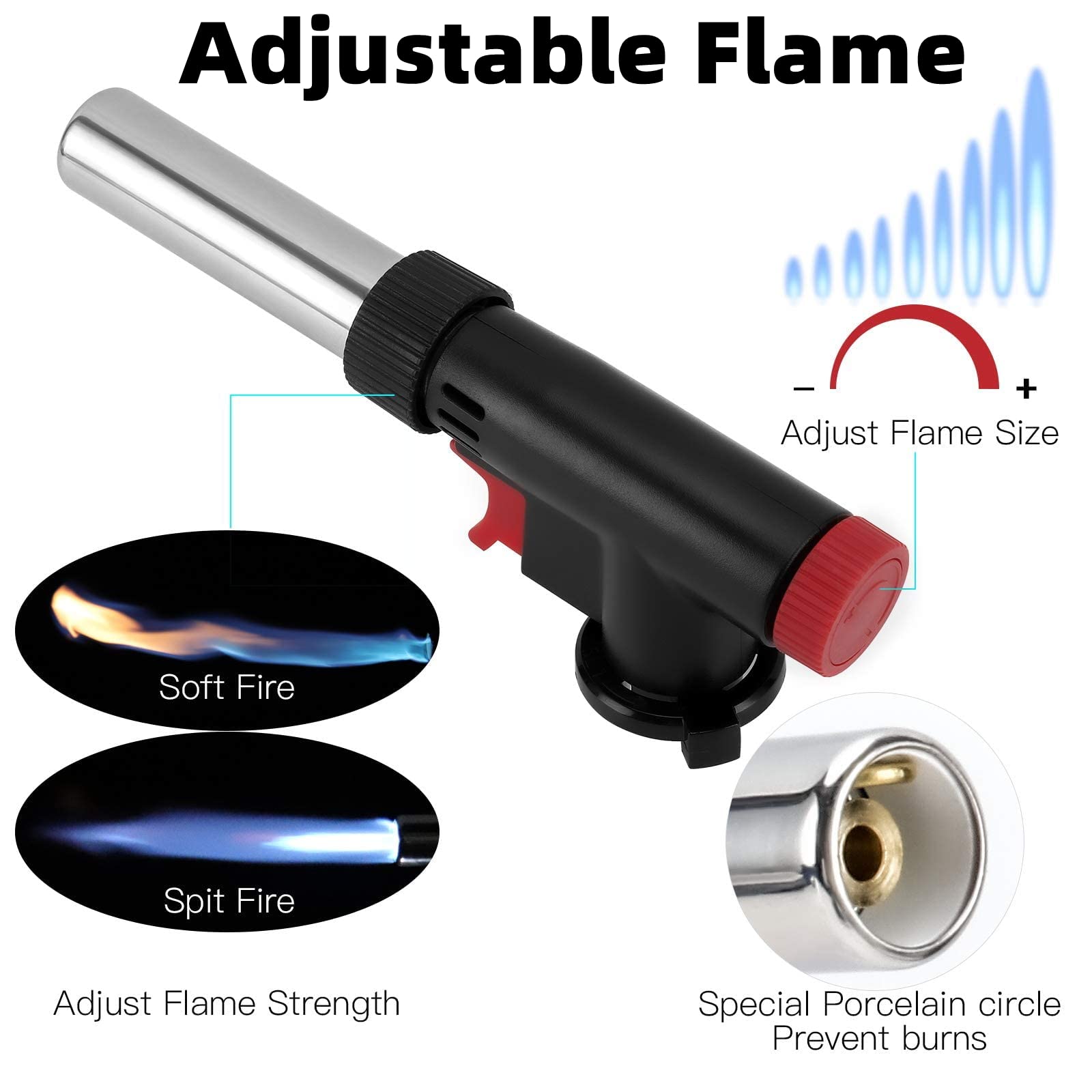 Chalumeau butane professionnel avec flamme réglable et fenêtre visuelle, briquet pour barbecue, bricolage, pâtisserie, brûlé, crème, gaz butane non inclus, argent