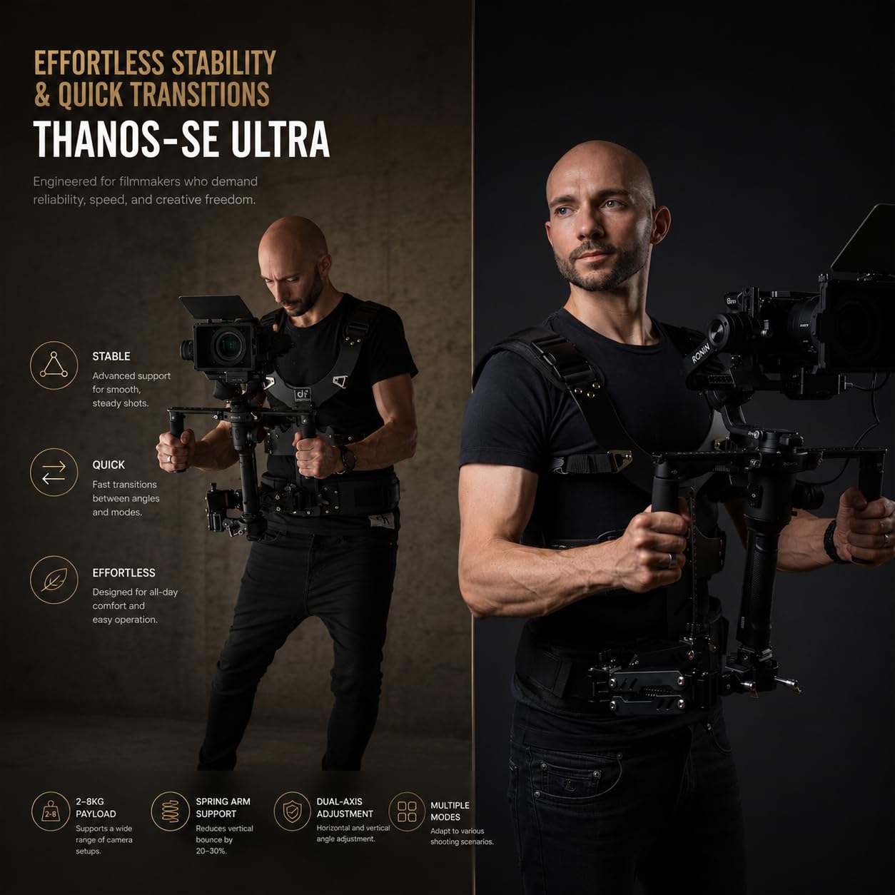 Thanos-SE Ultra Gimbal Support Weste mit Schnellwechsel – Steadicam Gimbal Stabilisator Weste für DJI Ronin RS5 RS4 PRO, RS3 Mini, RS3 PRO und Kameras, 2–8 kg Traglast für Videografen