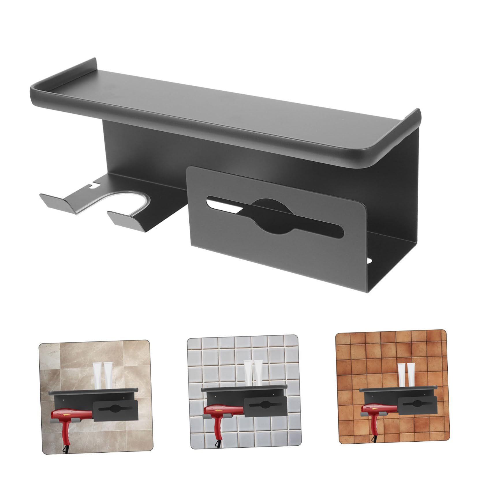 PRETYZOOM Soporte de Pared para Secador de Pelo, Repisa Baño de Acero Negro, Resistente al Desgaste Fácil Mantenimiento para Cuarto de Baño