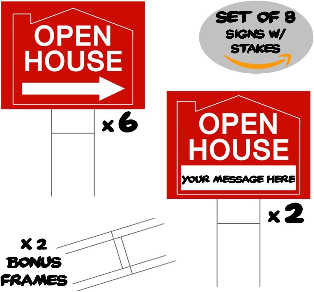 8 Open House Signs For Real Estate With H Frames. 6 Real Estate Directional Signs With Arrows And 2 Signs Without. Open House Yard Sign Kit Includes 2 Extra H-frames. 18" Tall X 24" Wide (Red)
