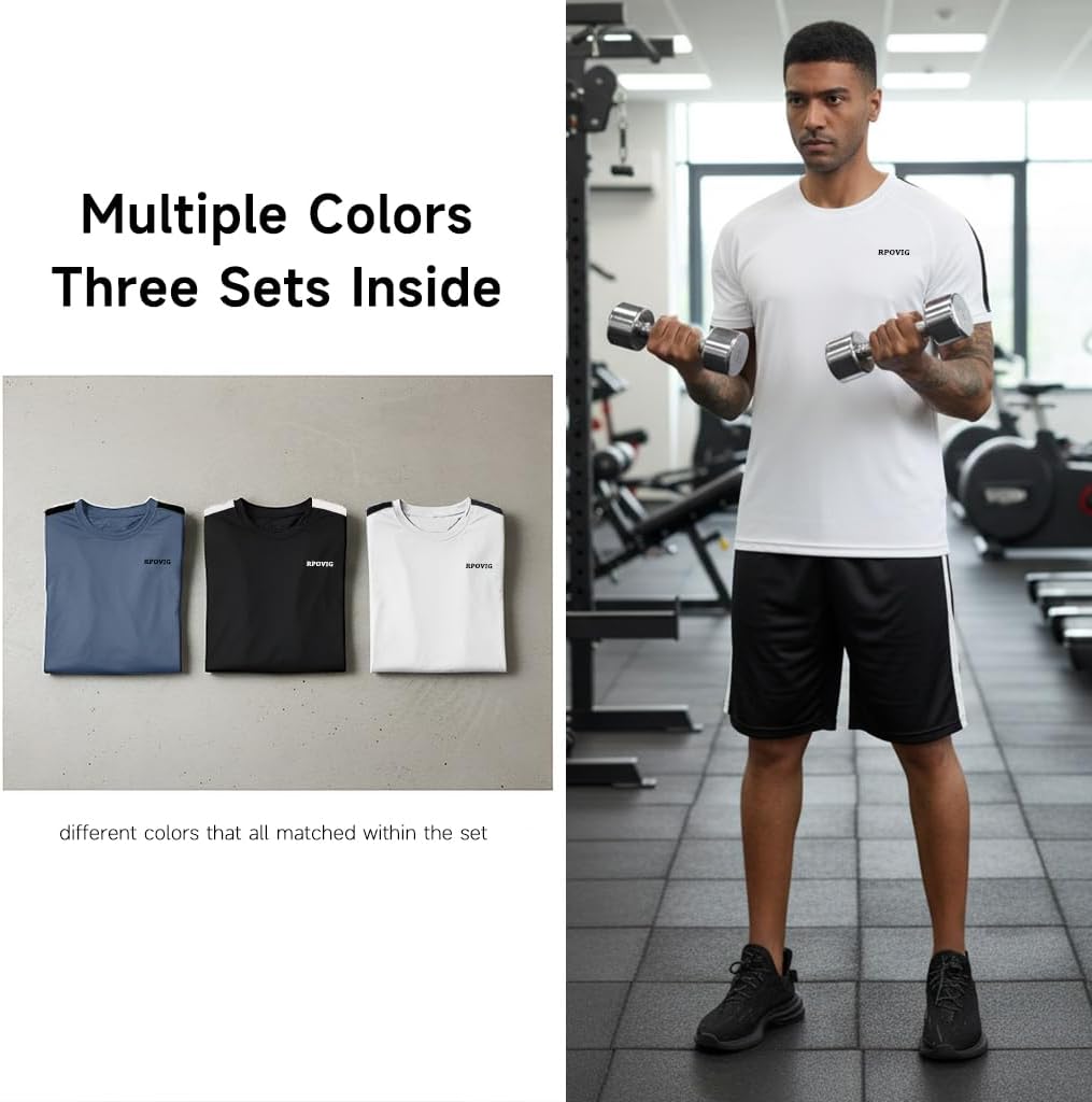 RPOVIG Shirts Shorts Workout Set:Men's 3 Pack Clothes Short set outfits Gym Active Athletic Basketball