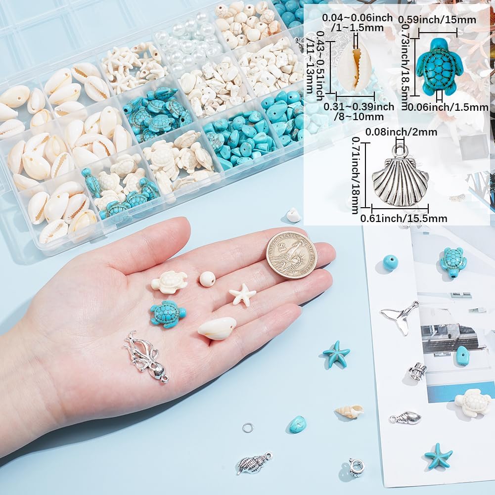 SUNNYCLUE 1 Box 422pcs Sea Turtle Beads Ocean Life Beads Lucky Gem Stone Hawaii Sea Beach Animal Turtle Starfish Fish Seashell Spacer Bead for Jewelry Making Earrings Bracelets Adults Supplies Crafts