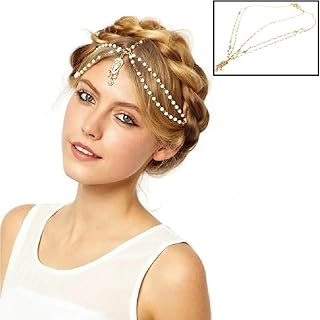 Gold Tone Indian Style Hair Pendant Circular Head Chain Headpiece. Crystal Water Drop. (Double Pearl Layer) 13.6" X 23.3 X 1.7.