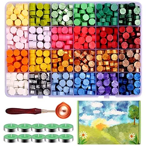Comealltime 630Pcs Sealing Wax Beads, Colorful Seasons Theme Wax Seal Kit for Wax Seal Stamp with 1Pcs Wax Melting Spoon, 10Pcs Tea Light Candles and Gift Box, 24 Colors Wax Seal Beads Cover