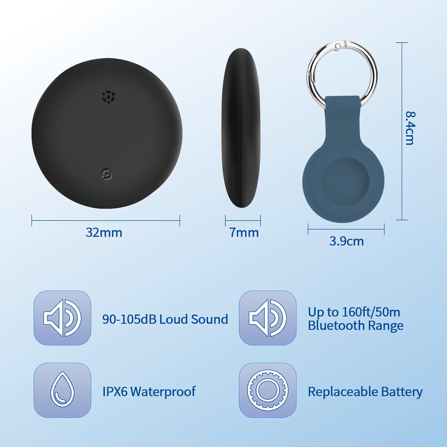 Diagram showing dimensions of the Smart Tag Pro tracker and icons for its features: loud sound, Bluetooth range, IPX6 waterproof, and replaceable battery.