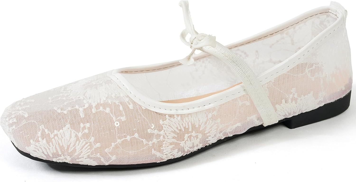 Women's Ballet Flats Lace Mesh Embroidery Bow Slip On Mary Jane Shoes Square Toe Breathable Sheer Casual Dress Flat Shoes