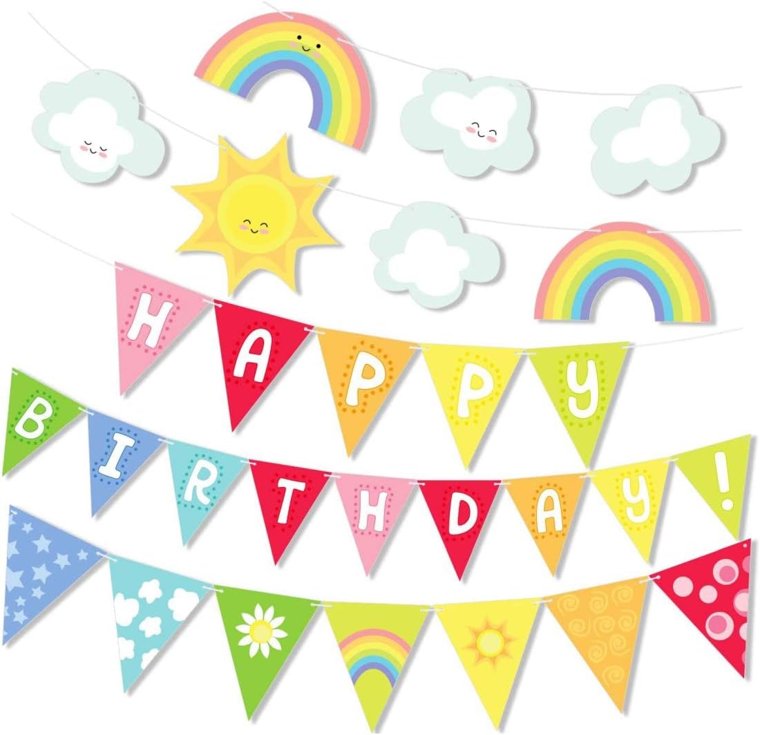 Big Sunshine Rainbow Clouds Happy Birthday Banner Party Set Color Pennants Garland for Baby Shower Birthday Decorations Bunting Supplies