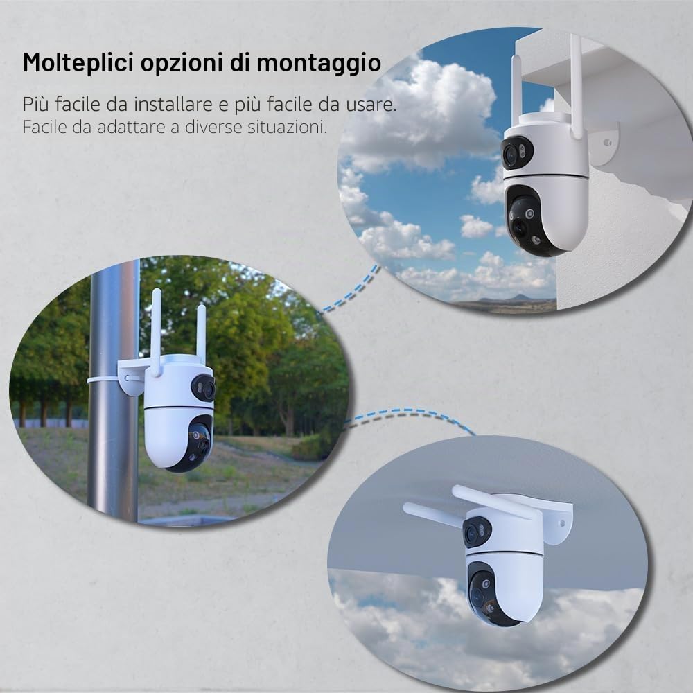 Telecamera Wi-Fi Esterno Doppio Obbiettivo, Telecamera WiFi da Esterno PTZ Videocamera Sorveglianza con Scheda TF 64 GB Rilevamento Umano Visione Notturna a Colori Tracciamento Movimento con Sirena