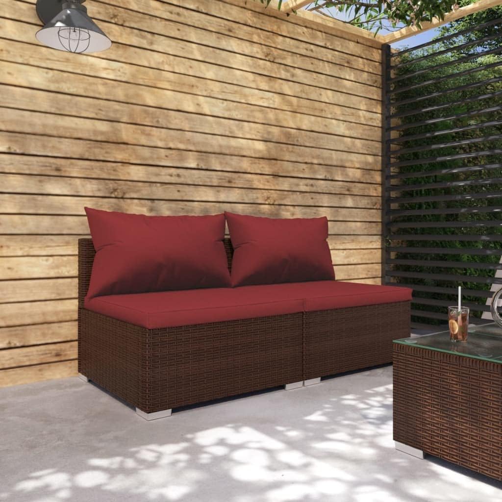 vidaXL Brown Patio Furniture - Red Cushion - 2 Seats - Middle Sofa