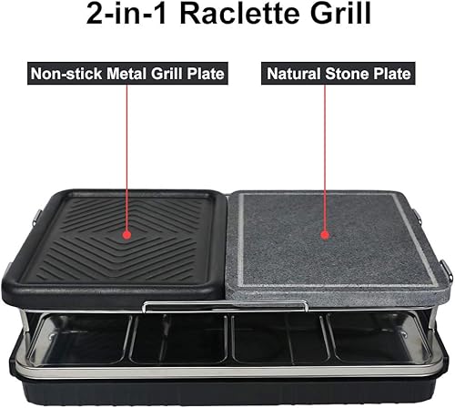 Miniatura 5 de Parrillas de raclette dobles 2 en 1 para 8 personas, eléctrica para interiores, con placa antiadherente y piedra de cocinar, 1300 W, para barbacoa