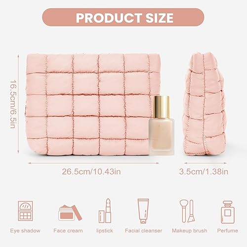 Miniatura 10 de Bolsa acolchada para maquillaje, bolsas de cosméticos de viaje, lindo y sólido, organizador de artículos de tocador, bolsa de almacenamiento para
