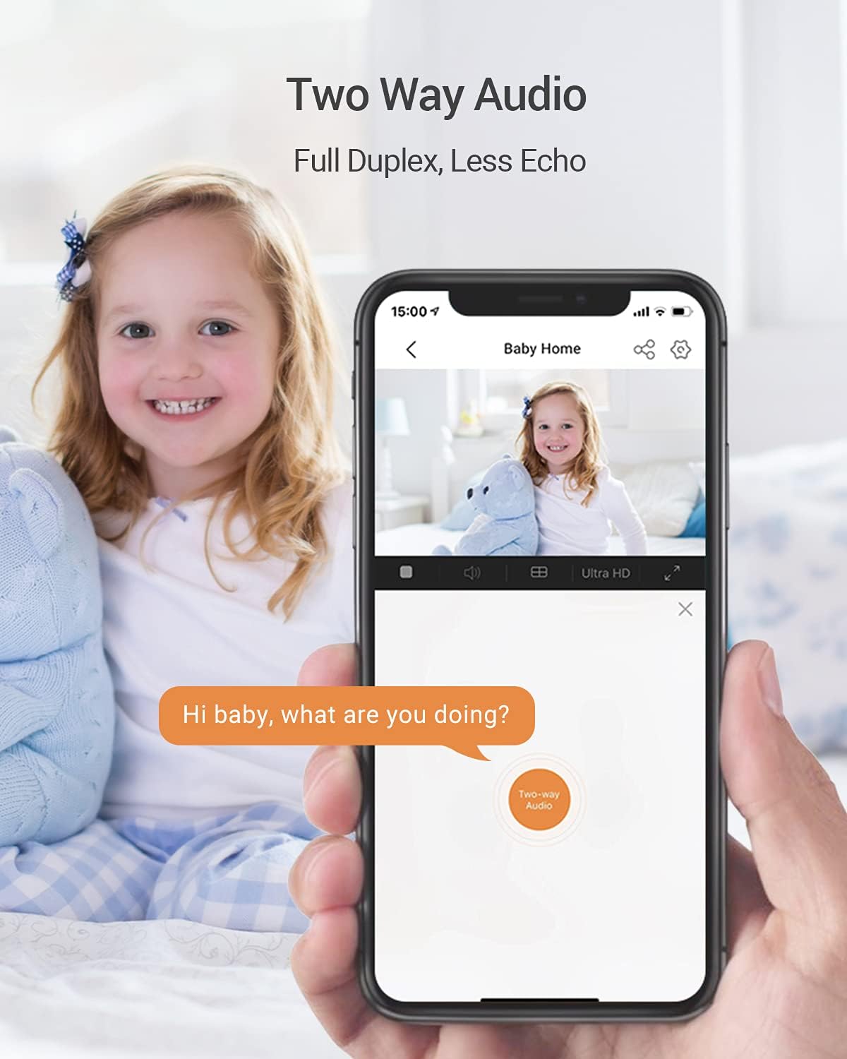 A child playing, with a smartphone displaying the EZVIZ app showing a two-way audio chat bubble.