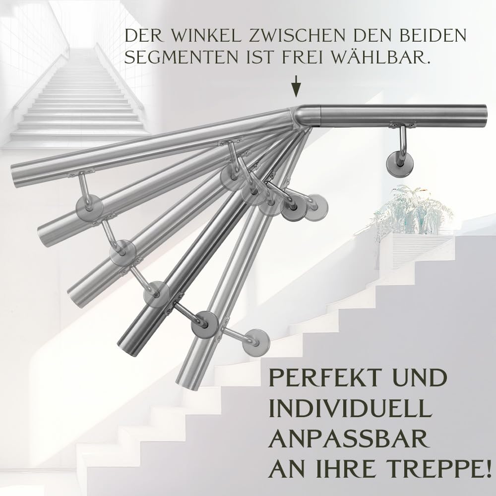 Handlauf aus Edelstahl mit Winkel 50 cm Gelenkverbinder Rohrverbinder Treppengeländer Geländer für Treppe 4,2 cm Wandhandlauf Wand Treppe V2Aox