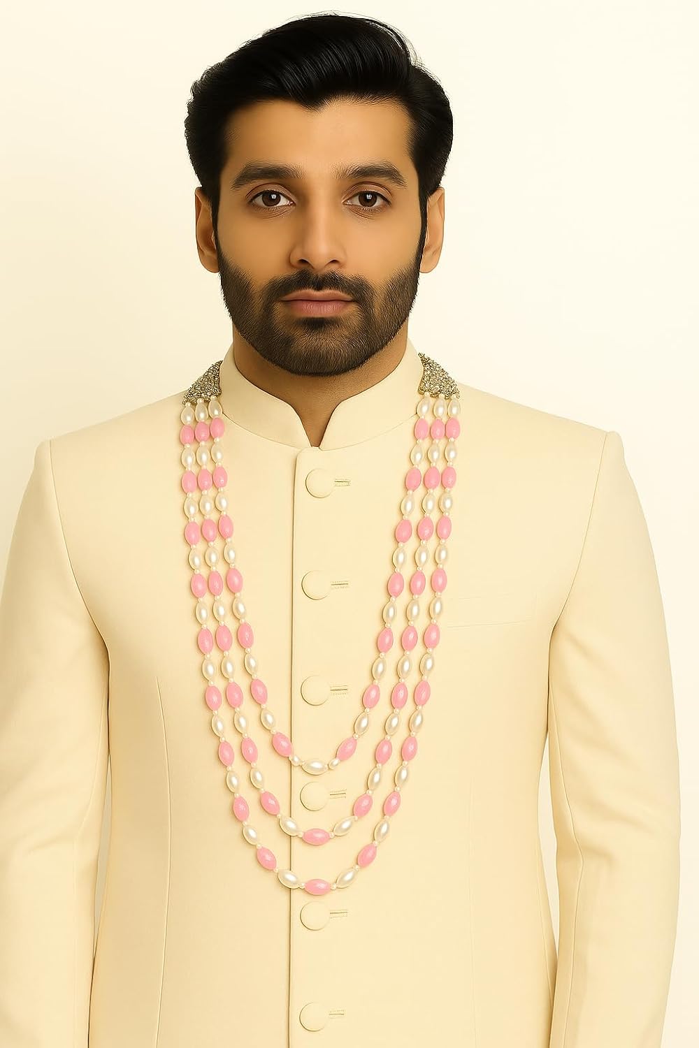 I Jewels Indian Wedding Bollywood 3 Layered Gold Plated Dulha Moti Mala Long Groom Necklace/Mala For Men