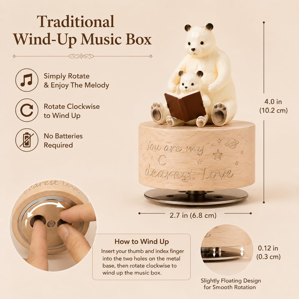Polar Bear Parent-Child Mechanical Music Box, Wooden Style Wind Up Musical Box Plays You are My Sunshine, Vintage Resin Figurine Bedtime Decor for New Parents, Kids Room