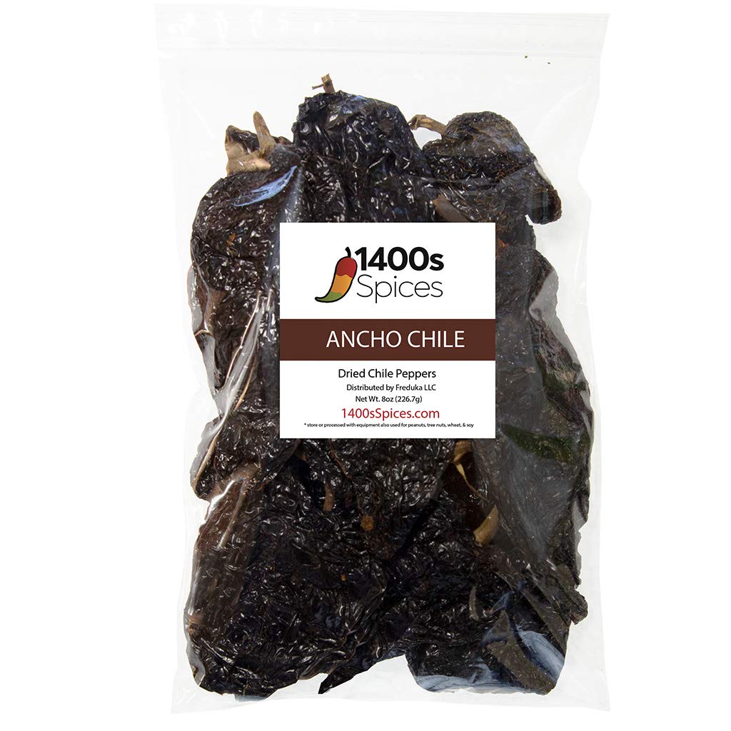 8oz Ancho Dried Whole Chile Peppers, Chili Seco Pods for Authentic Mexican Food, Heat-Sealed Resealable Bag by 1400s Spices