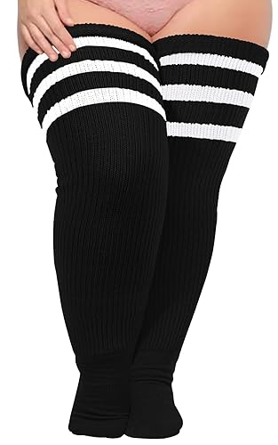 Moon Wood Plus Size Thick Thigh High Socks for Thick Thighs- Extra Long Striped Over the Knee Halloween Socks Leg Warmers - Large Plus - Black & White