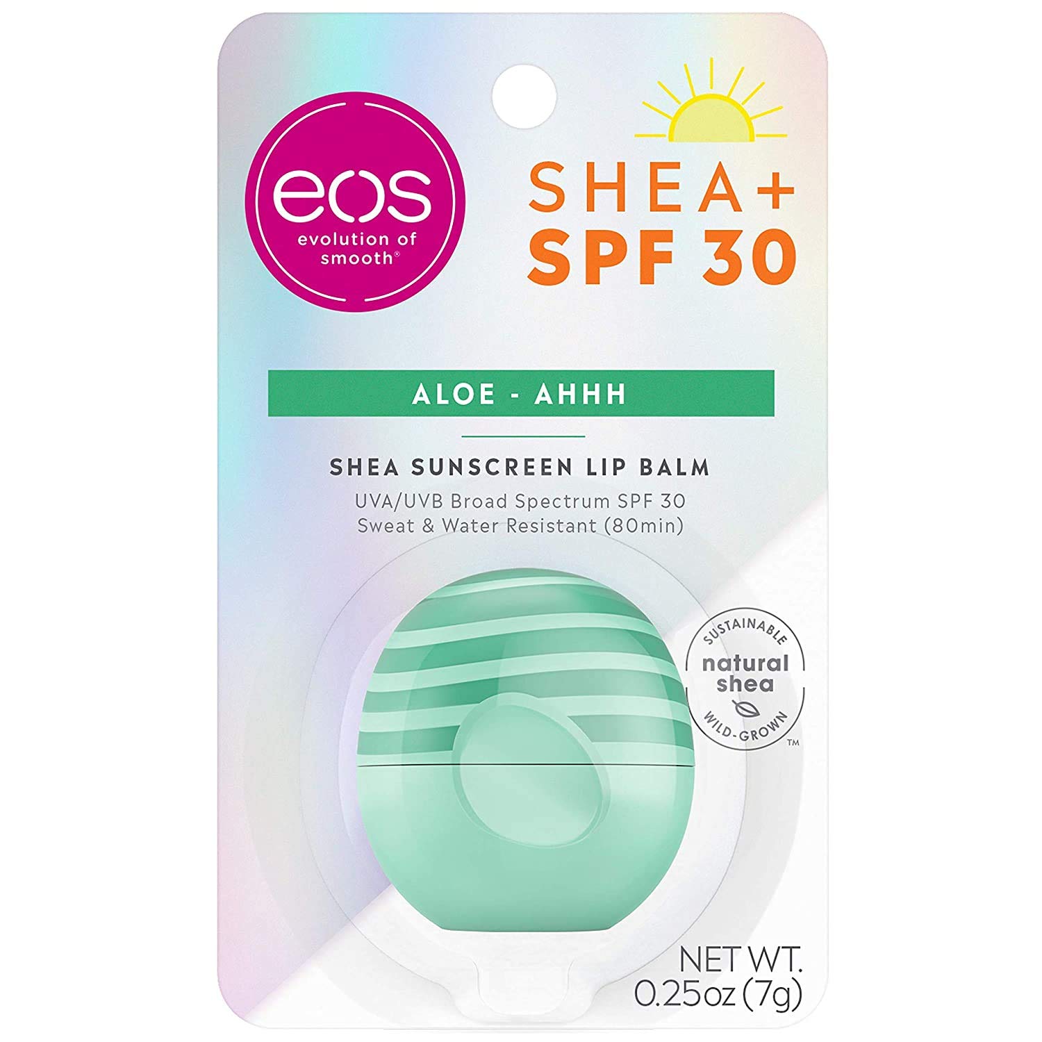 eos Shea + SPF Sphere Lip Balm - Aloe | SPF 30 and Water Resistant | Deeply Hydrates and Seals in Moisture | Sustainably-Sourced Ingredients | 0.25 oz (P002293)