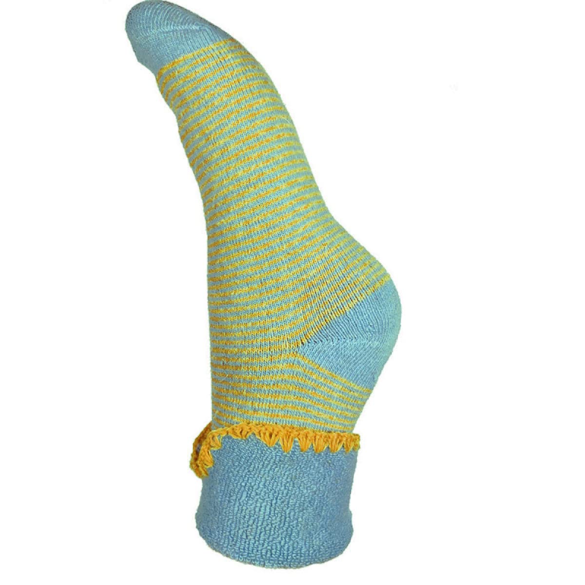 JOYA Luxurious Cuff Bed Wool Blend Socks UK 4-7 EU 36-40 Aqua With Mustard Stripes