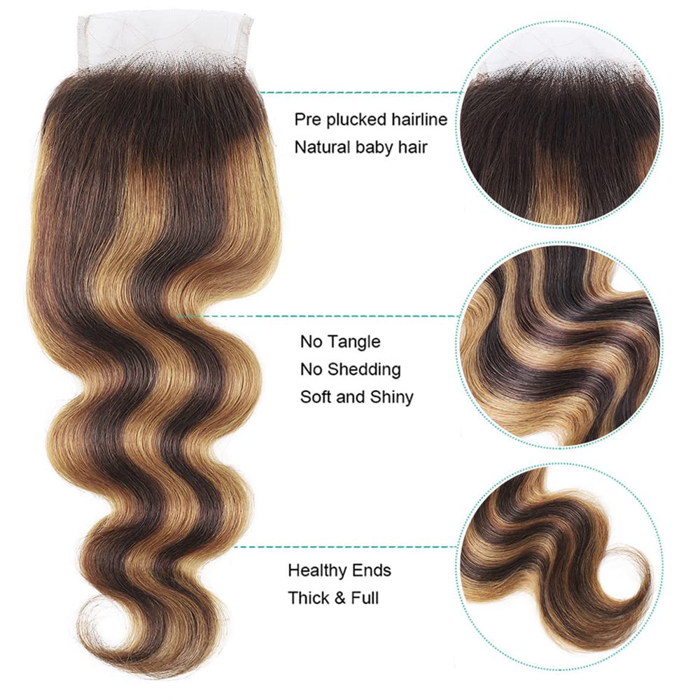 Brown Highlight Lace Closure Pre Plucked With Baby Hair Brazilian Virgin Hair Raw Remy Human Hair Ombre 18 Inch Swiss Lace Grade 9A High Density 4/27 Closure