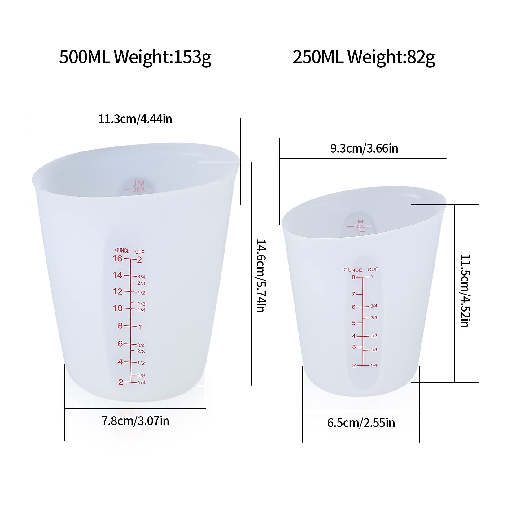 Ewwtrey 2 silikonowe kubki z miarką, 250 ml/500 ml, z żywicy epoksydowej, kubek do mieszania z przezroczystą skalą, silikonowe miseczki do odlewania z żywicy epoksydowej, rękodzieła, laboratorium