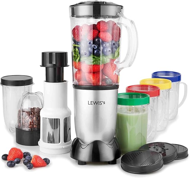 Lewis's 8-IN-1 Multi Jug Power Blender  Personal Blender & Smoothie Maker with 1L Blending Jug, Large Fruit Juice Bottle (500ml), Blending Cup (300ml) + 4 Drinking Cups with Different Colour Lids