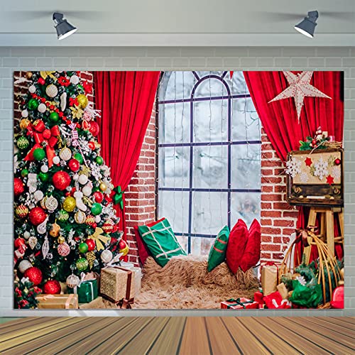 Xmas Backdrop Vinyl 9X6FT Christmas Backgrounds for Photography Red Window Xmas Tree Photo Backdrop for Winter Holiday Pictures Photo Shoot Studio