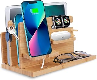 Bamboo Multiple Device Docking Station Phone Key Holder Laptop Tablet Wallet Watch Stand Desk Organizer Gift for Friend Birthday Anniversary