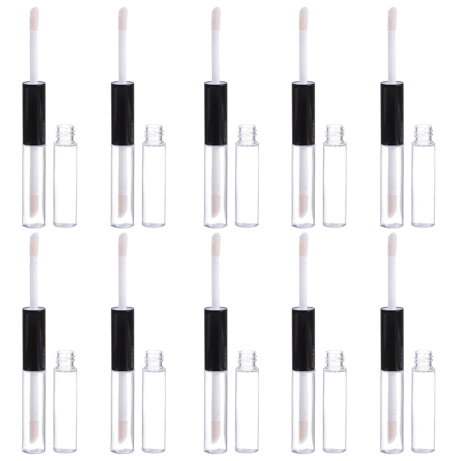 Tubo de Brillo de Labios Vacío de 4ml Plástico Doble Extremo | Negro, 10 Unidades con Tapón de Goma, Rellenable para DIY y Uso Diario