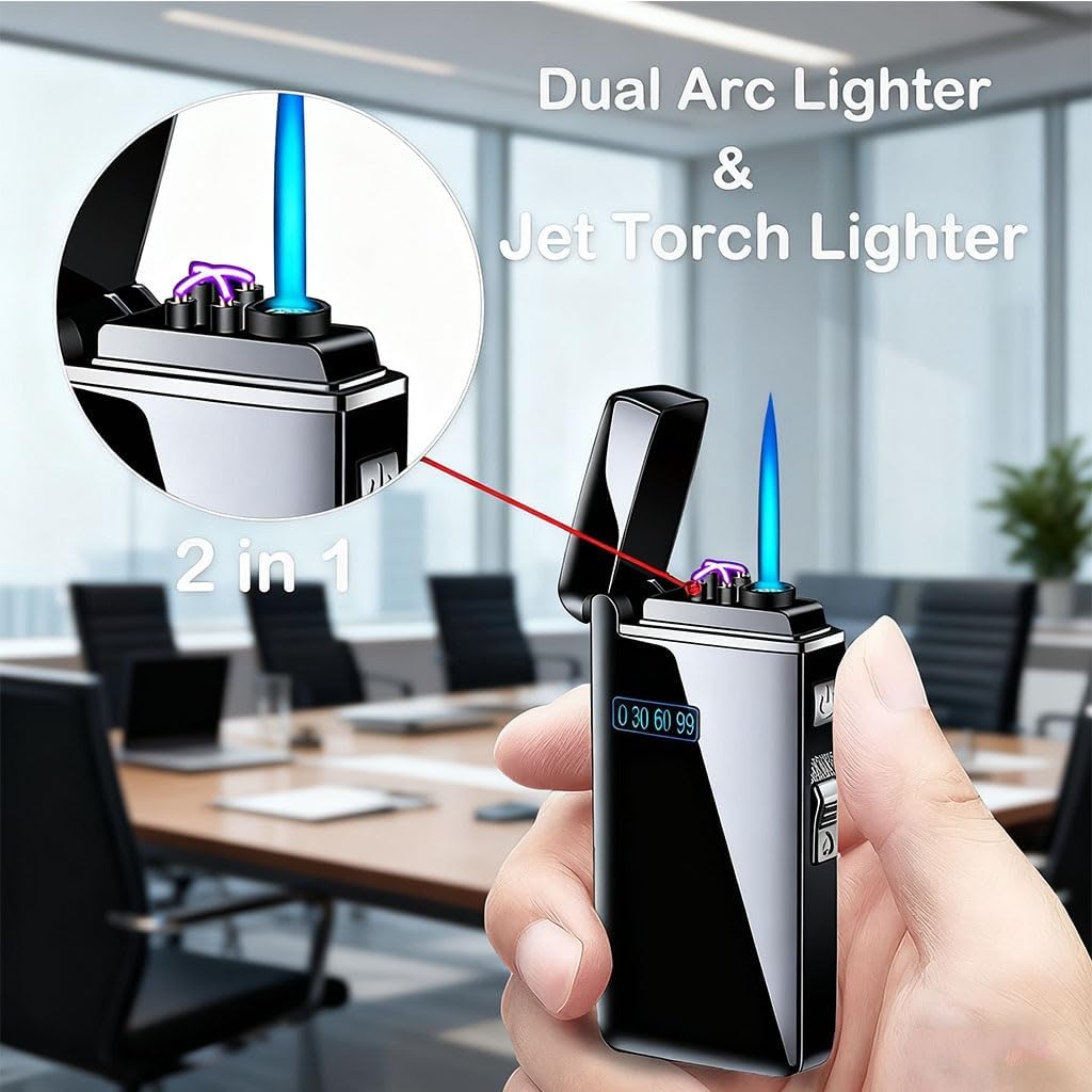 ガス・電気 2-in-1 ブタンライター デュアルアークトーチフレーム 詰め替え可能 USB充電式 キャンドルキッチン用 男性へのギ