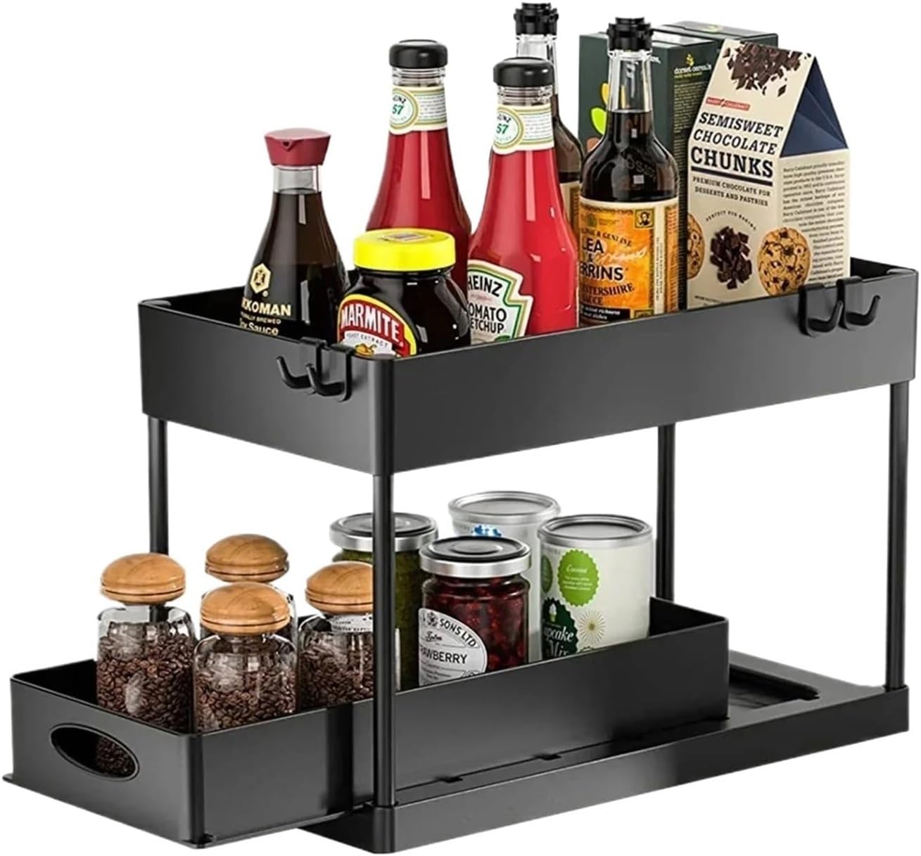 2 Tier Under Sink Organizer - Sliding Cabinet Storage Rack with Hooks for Bathroom and Kitchen(Cleaning cloth)