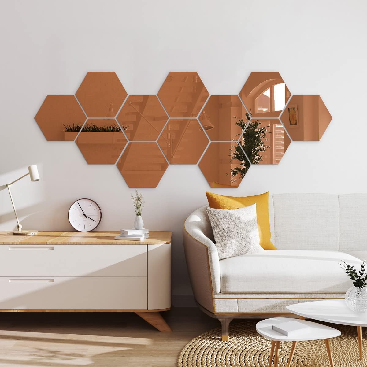 12 x Hexagonal Pink Gold Mirror Stickers H20 x 17 cm Self-Adhesive Mirror Ornamental Stickers for Dwelling Room Bed room Eating Room Residence Ornament