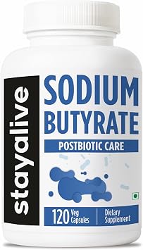 STAY ALIVE Sodium Butyrate Supplement 1200mg, Pure Butyric Acid Postbiotic, 120 Count, 2 Month Supply, Non-GMO and Gluten-Free Butyrate Powder Capsules