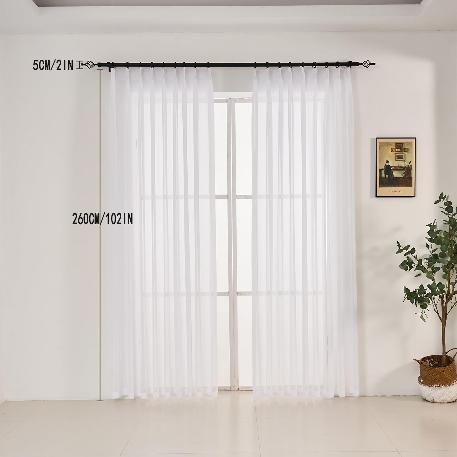 102 Inches Long Pure White Curtains for Bedroom Living Room Pinch Pleated Chiffon Sheer Curtains Light Filterring Semi-Sheer Curtain Pinch Pleat Drapes, 1 Panel,W52 x L102
