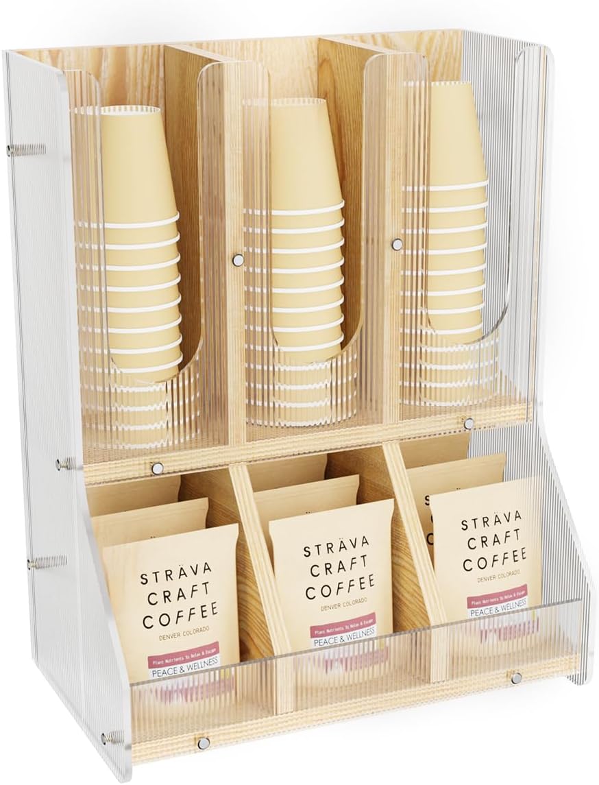 BYCY Coffee Bar Organizer for Countertop,Wooden Shelf for Tea Station with acrylic boards,Coffee Cup and Lid Organizer Coffee Pod Holder Accessories Storage for Office, Home