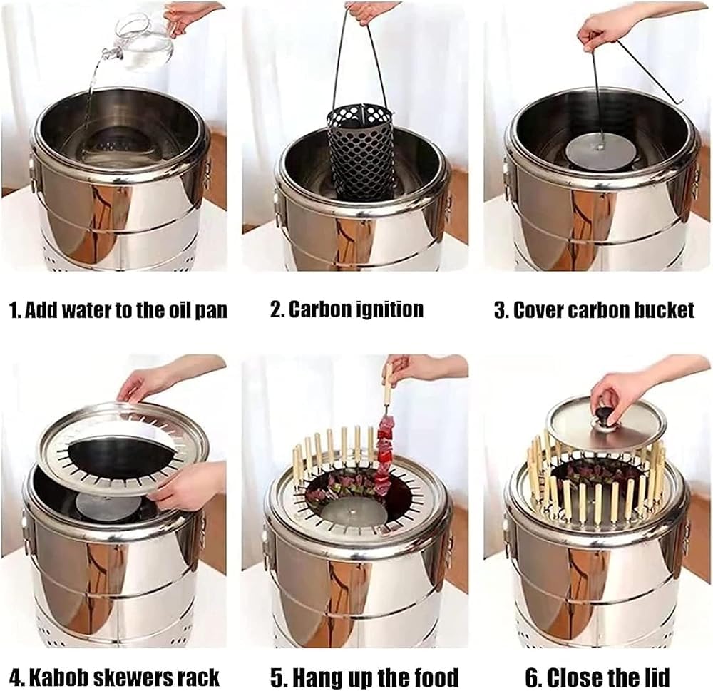 Barbecue a carbonella, barile in acciaio inox con spiedini, griglia da campeggio, griglia per verdure e carne