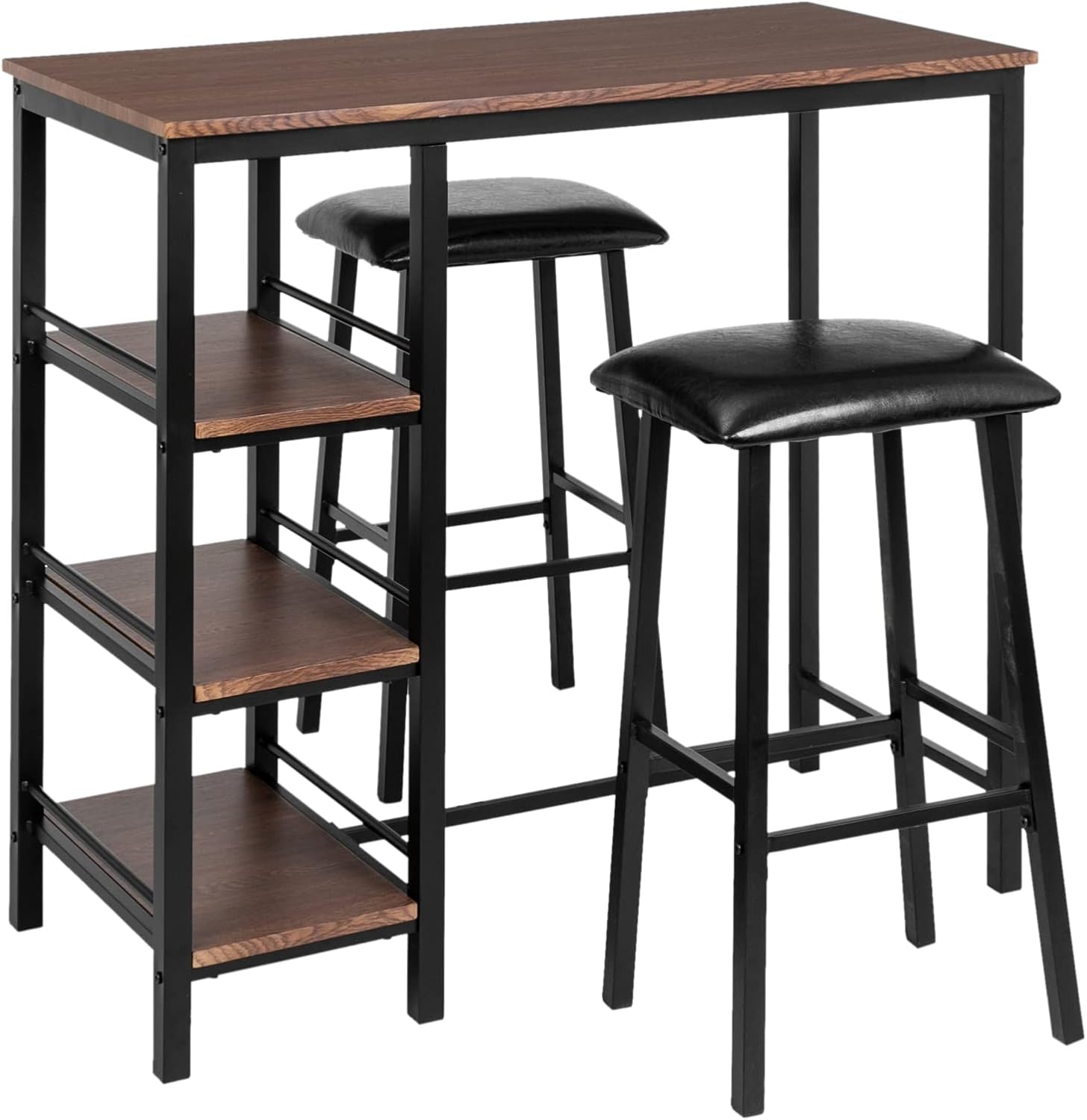 Bonnlo 3-Piece Bar Table and Chairs Set for 2, Counter Height Dining Table Set,Small Kitchen Dining Table with 2 Upholstered Stools & 3 Open Storage Shelves (Walnut)