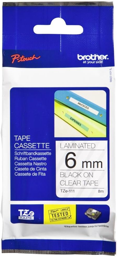 Brother Genuine Tze-111 Laminated Tape, Black on Clear, 6mm x 8m