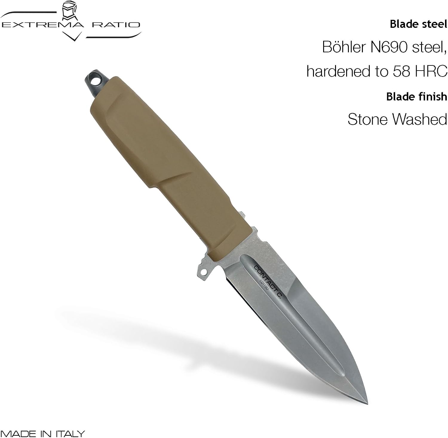 Extrema Ratio - Contact C (Desert) Fixed Blade Knife, Böhler N690 Steel Blade Hardened to 58 HRC, Stone-Washed Finish, Full-Tang Design, Ergonomic Forprene Handle, Precision Handcrafted in Italy