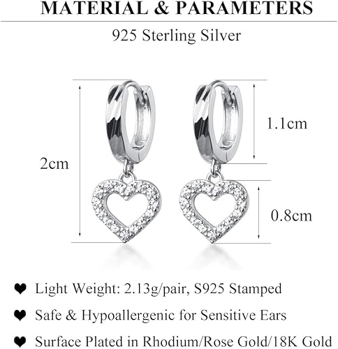 Miniatura 7 de SLUYNZ Solid 925 Sterling Silver Small CZ Heart Earrings Hoop for Women Teens Sweet Love Heart Hoop Earrings Huggie