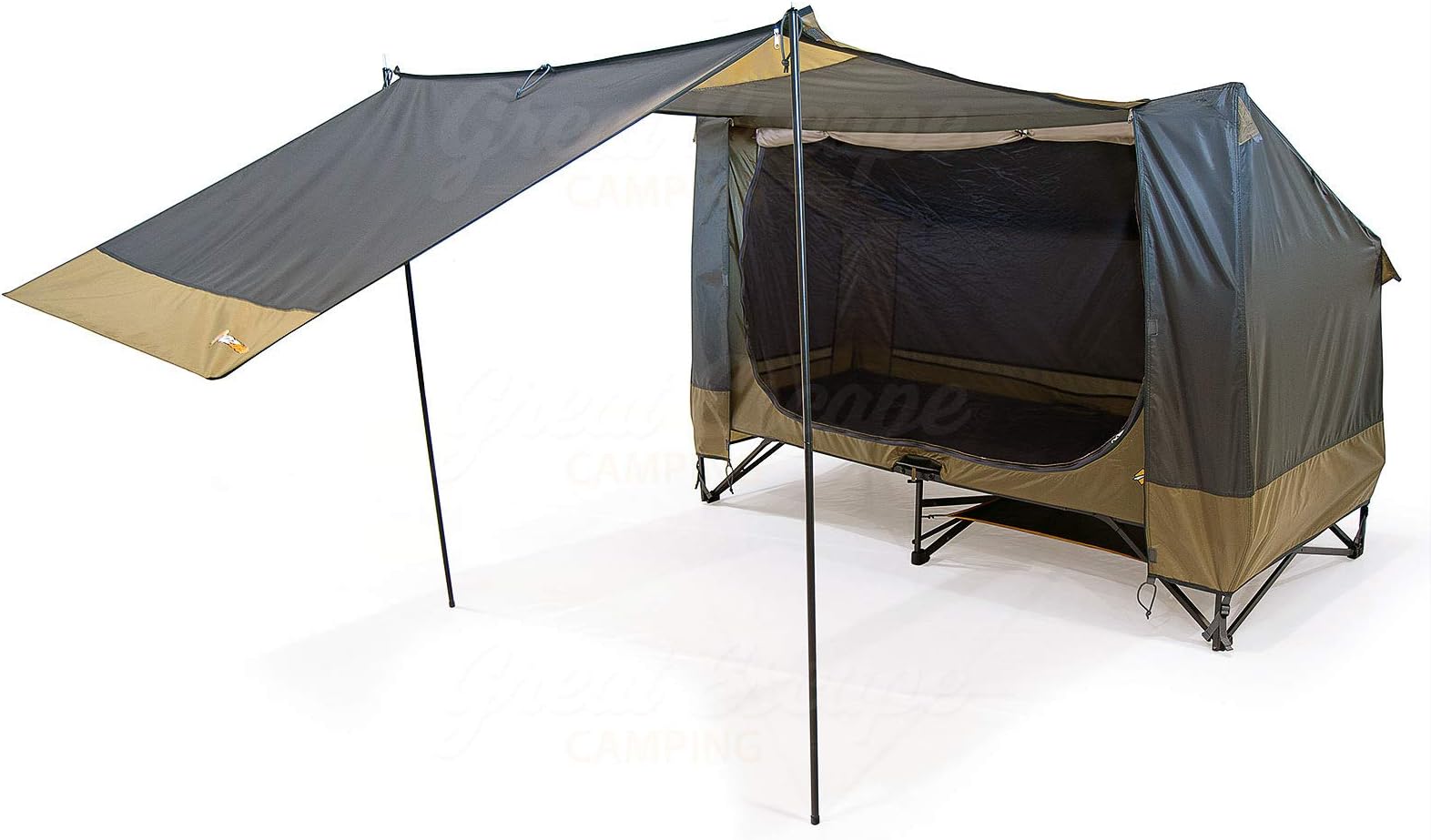 OZtrail Easy Fold Stretcher Shelter - Single 16.7kg 218x90cm Separate removable heavy-duty 150D Ripstop flysheet with a massive sip out awning that doubles as a vestibule storage area