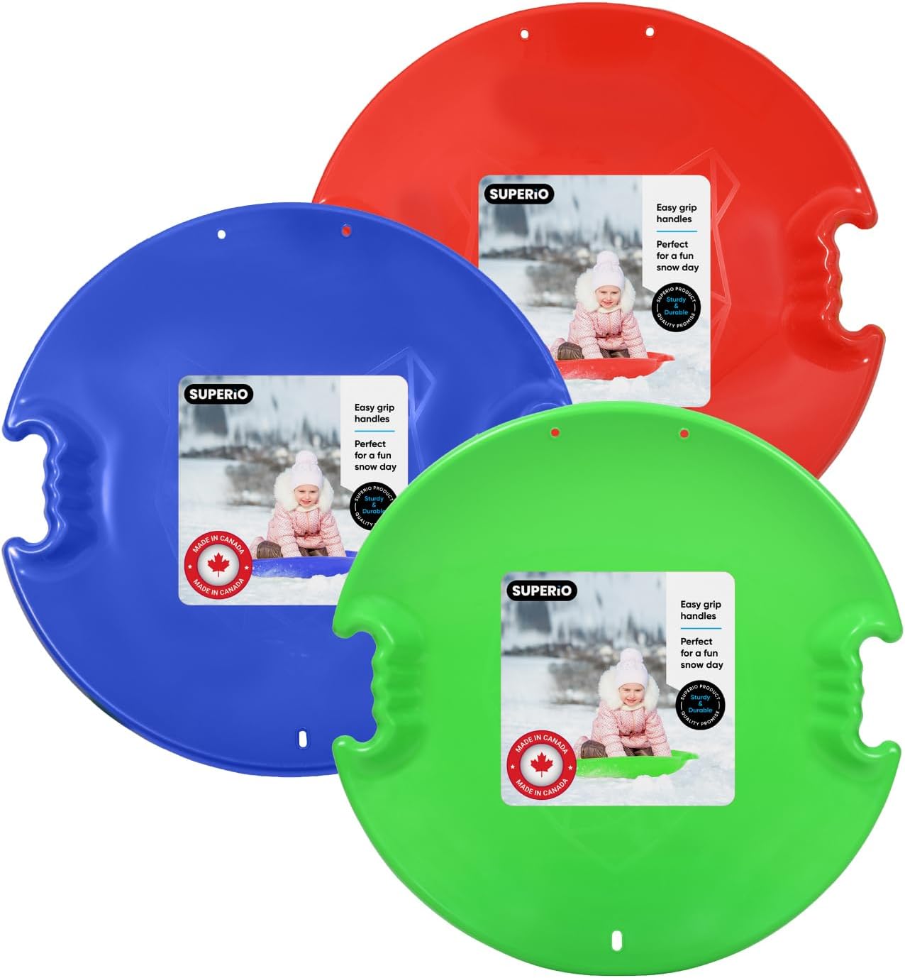 Superio Round Saucer Snow Sleds for Kids and Adult, Spiral Toddler Sled 26" Avalanche Circle Jet Sled for Toddlers Age Plastic Sledding Disc, Winter Snow Toys Fun for Kids and Adults, 3-Pack