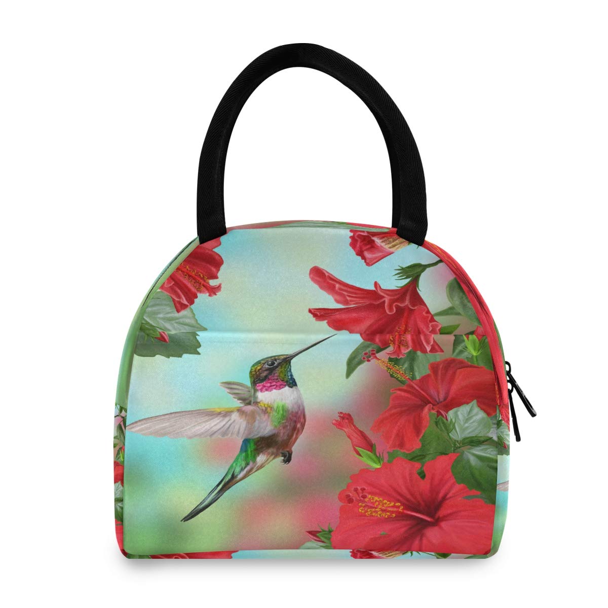 Lunch Bag Red Hibiscus Flower Hummingbird Lunch Box Ice Cooler Insulated Tote Handbag Thermal Portable Zipped Meal Bag for Boys Girls Kids Women Men Work School Office