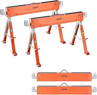 VEVOR Saw Horses, 2 Pack Folding Work Horses, 1800 lbs Load Capacity Sawhorse with Heavy Duty Legs, Adjustable Height Saw Horse with Non-Slip Foot Pads, for Woodworking, Carpenters & Contractors