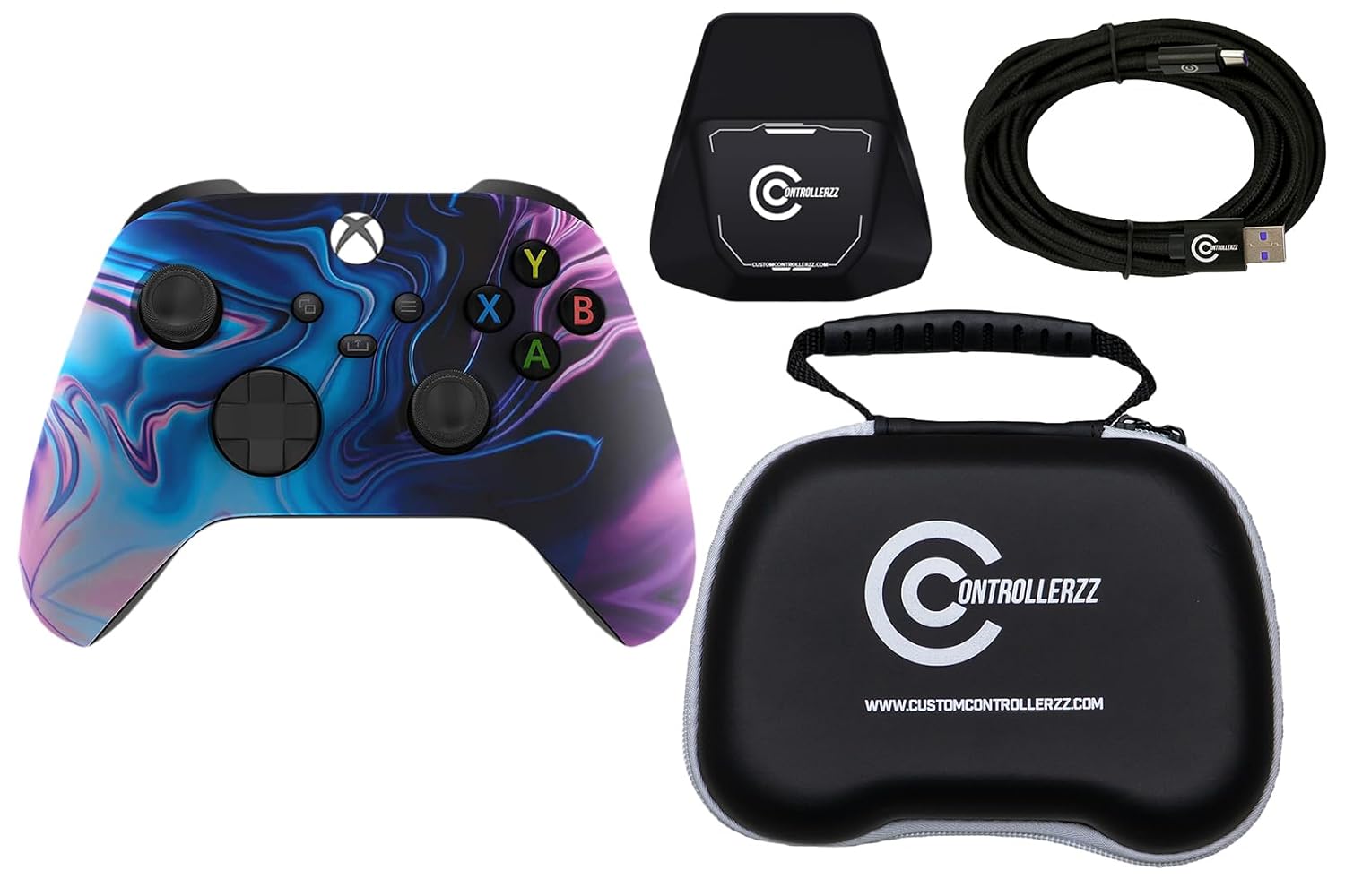 Custom Controllerzz Controller Bundle – Includes Custom Wireless Controller for Xbox Series X/S, Xbox One, PC & Braided USB-C Cable, Controller Stand, & Universal Protective Case