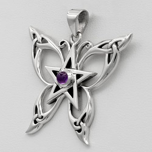 Miniatura 2 de Dryad Design Colgante de pentagrama de mariposa con diseño de brujería Wicca de plata de ley y amatista natural, Plata esterlina, Amatista