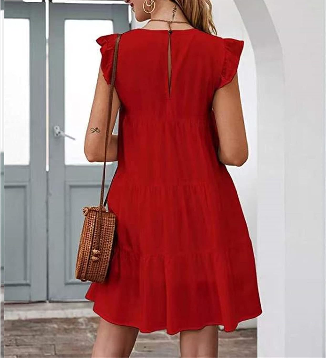 Women's Sleeveless Ruffle Sleeve Dress Casual Round Neck Elegant Dress Loose Flowy Swing Pleated Maxi Cocktail Dress
