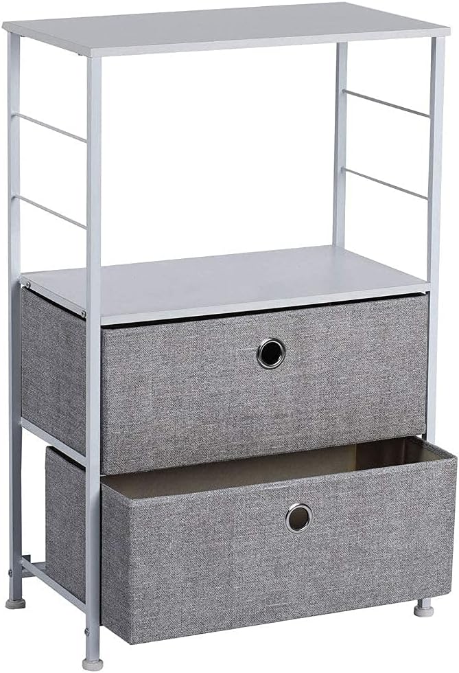 2-Drawer Nightstand with Shelf Storage Bedside Furniture & Accent End Table Chest for Home, Bedroom, Office, College Dorm, Steel Frame, Wood Top, Easy Pull Fabric Bins (White/Gray)