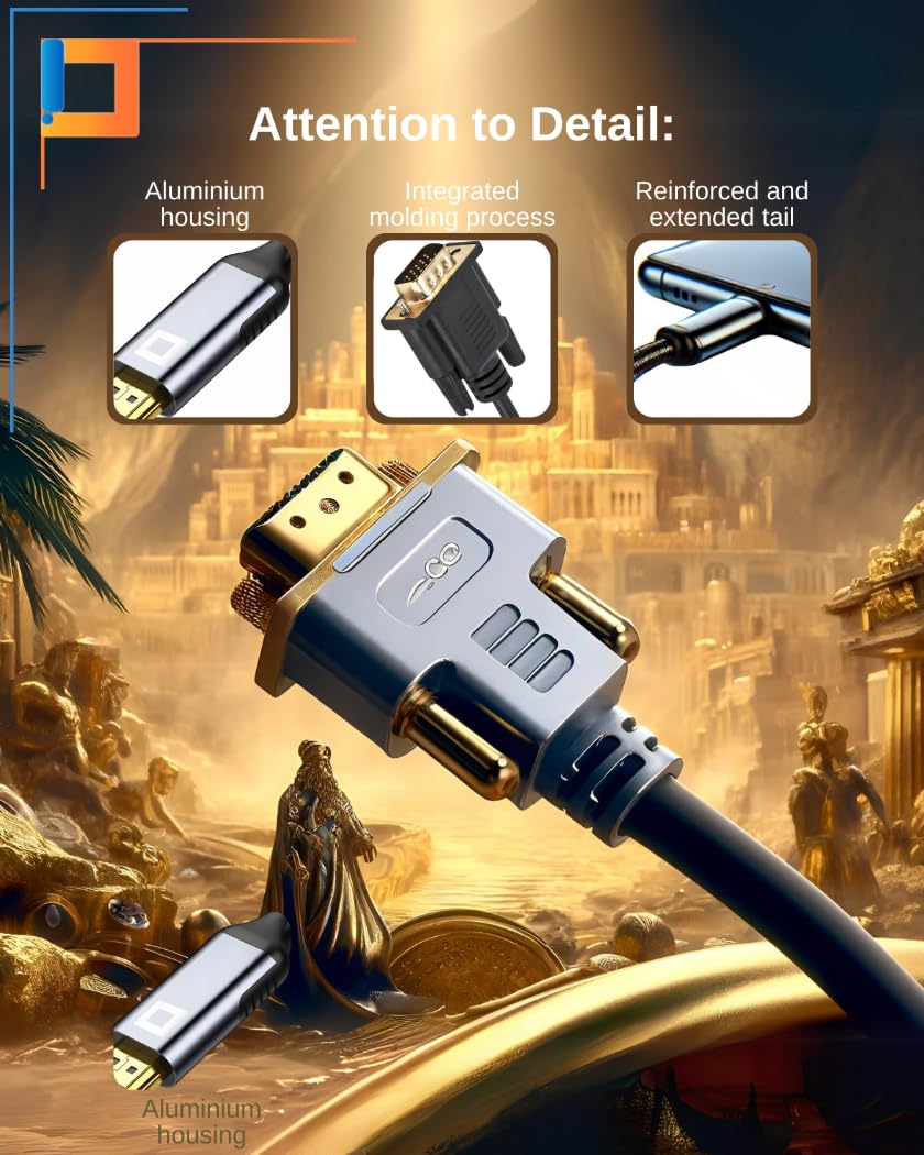 CO2 Kabel HDMI do VGA D-SUB 2K/60Hz, Full HD 1080p, Plug & Play, Pozłacany, Adapter jednokierunkowy, Konwerter, Kompatybilny z Laptopami, Monitorami, Projektorami, Aluminium Space Gray (2m)