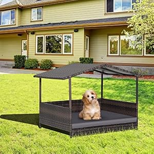   Tangkula-Wicker-Dog-House-Indoor-Outdoor-Raised-Rattan-Dog-Bed-wRemovable-Cushion-Washable-Cover-Weatherproof-Roof-Rattan-Puppy-Shelter-wElevated-Floor-for-Small-Medium-Dogs-Grey